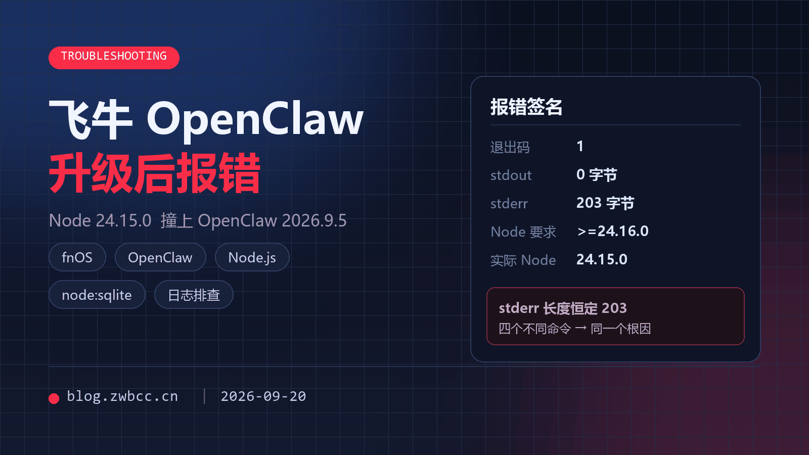飞牛 OpenClaw 升级后报错排查记｜203 字节的日志揪出一堵 Node 版本墙