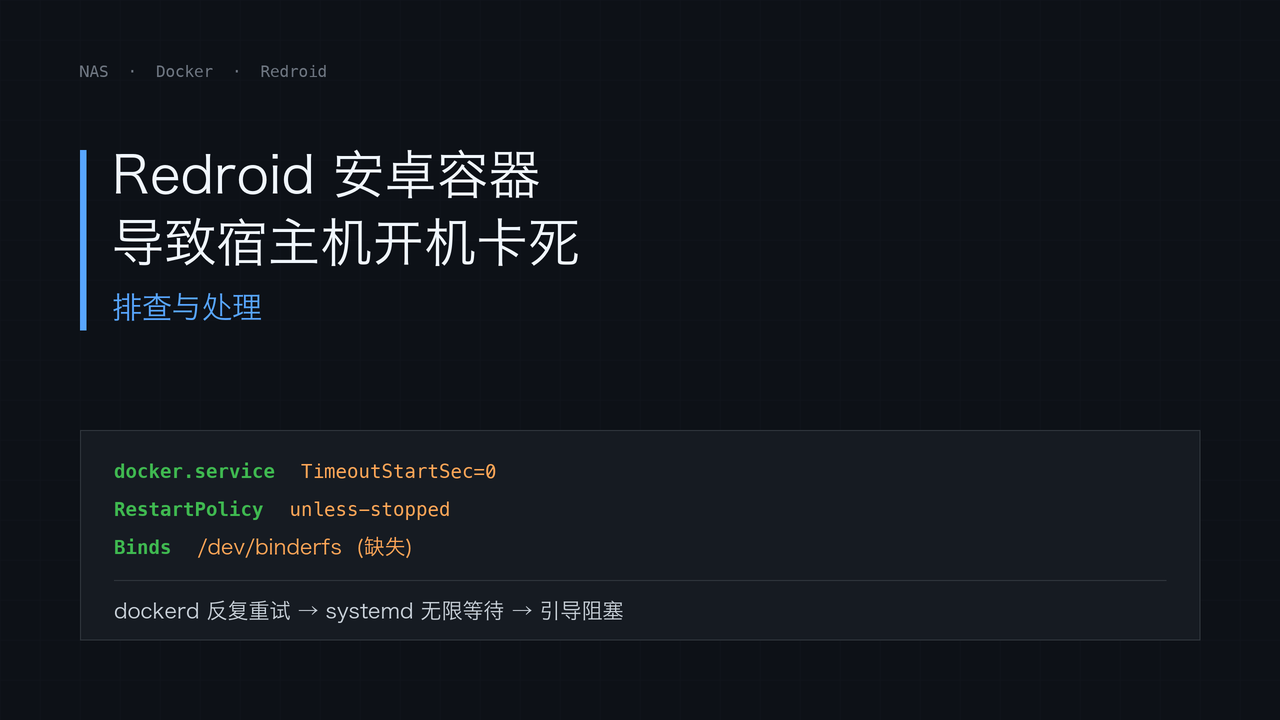 Redroid 安卓容器导致宿主机开机卡死：排查与处理